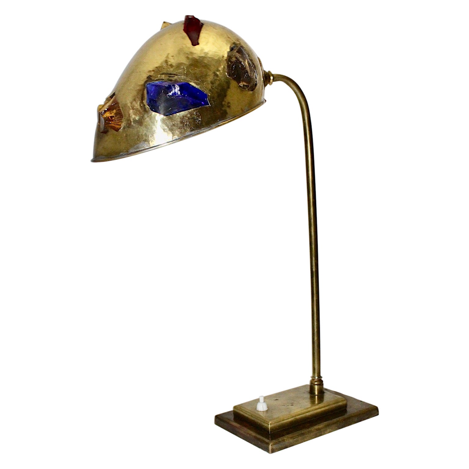 Mid-Century Modern Brass Table Lamp 1950s Austria Multicolored Glass Stones For Sale