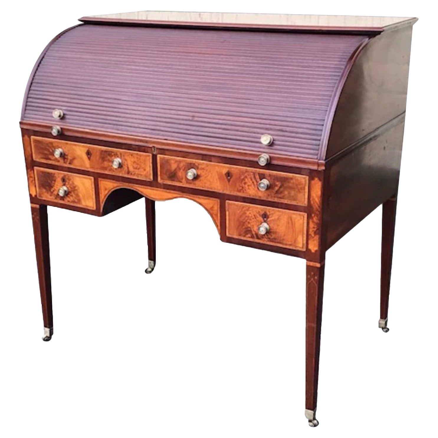 Rare Georgian Hepplewhite Period Inlaid Mahogany Antique Tambour Estate Desk For Sale