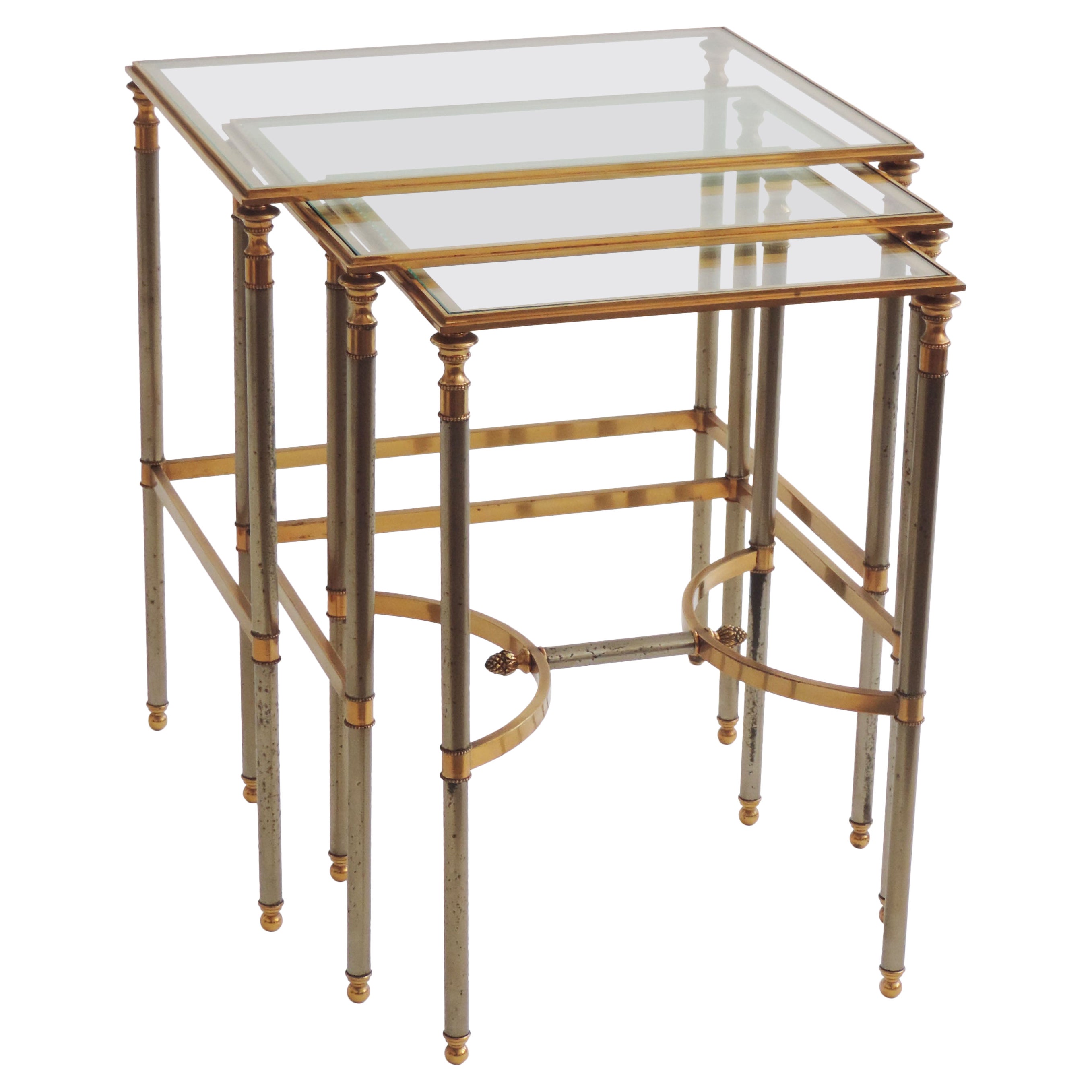 French 1970s Neo-Classical Steel and Brass Nesting Tables For Sale