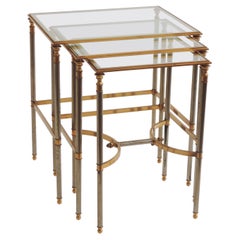French 1970s Neo-Classical Steel and Brass Nesting Tables