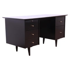 Paul McCobb Planner Group Black Lacquered Double Pedestal Desk, Newly Refinished