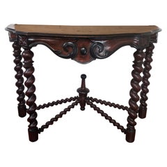 Antique French Console Side Table Carved Oak Beveled Top Barley Twisted Legs