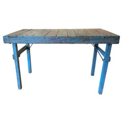 Antique Industrial Wooden Folding Table in Old Blue Paint circa 1900