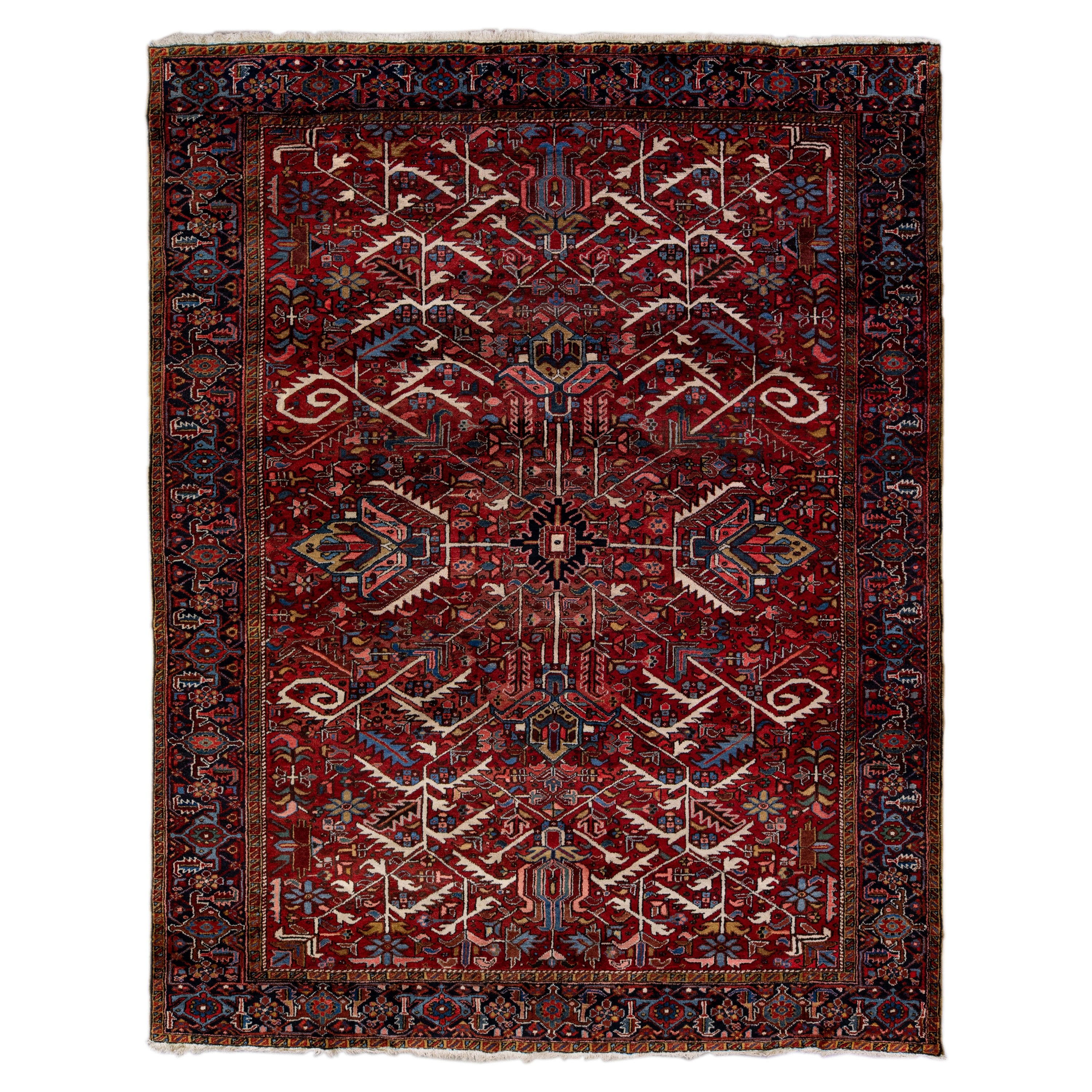 Red Antique Persian Heriz Handmade Allover Designed Wool Rug For Sale