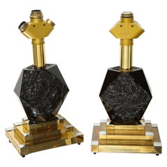 Vintage Carved Black Marble Table Lamps by Willy Rizzo for BD Lumica