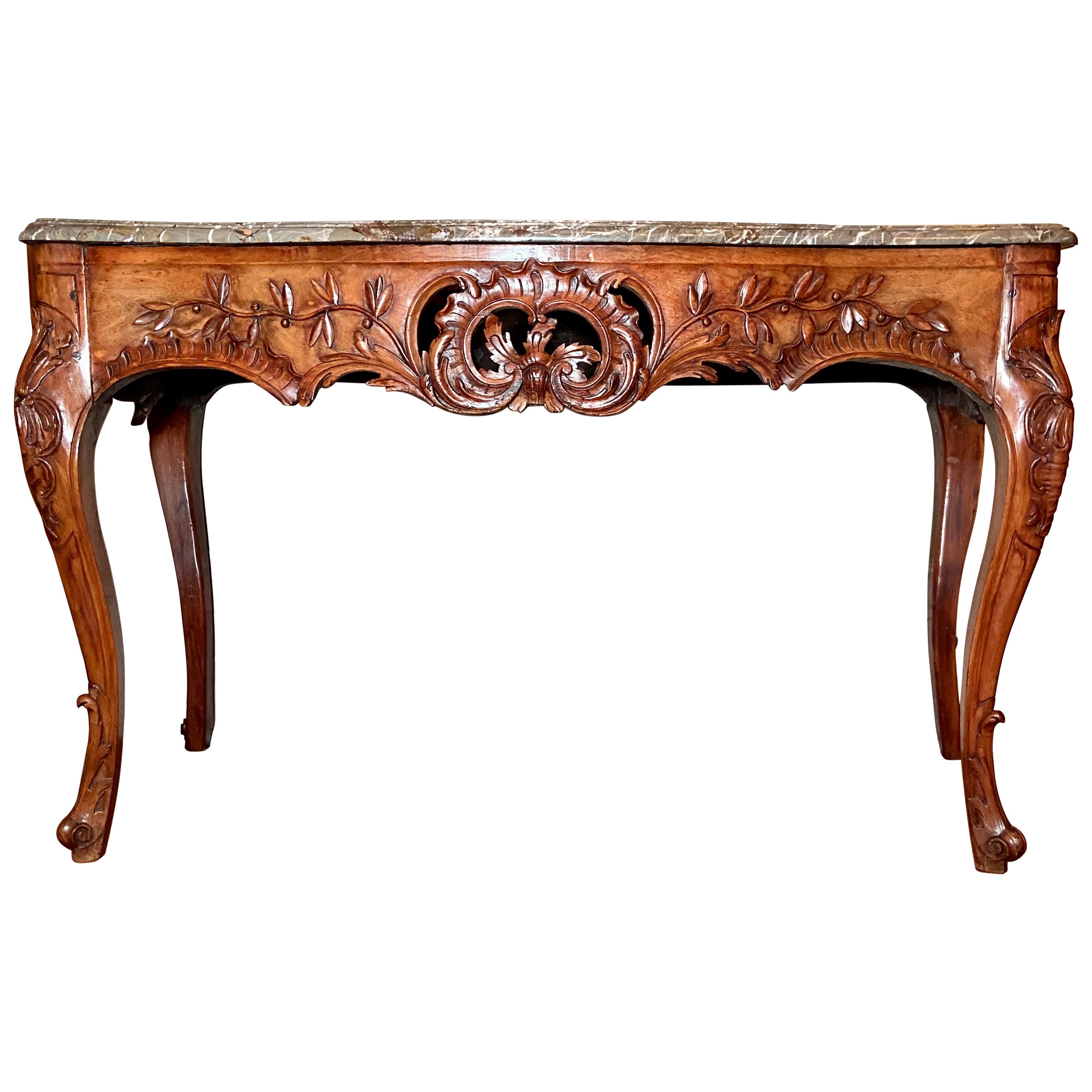 Antique French Louis XV Carved Walnut & Marble Top Console Table circa 1840-1860