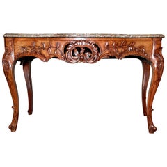 Antique French Louis XV Carved Walnut & Marble Top Console Table circa 1840-1860
