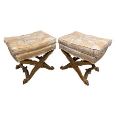 Pair of 20th Century Italian Style Giltwood Upholstered Ottomans