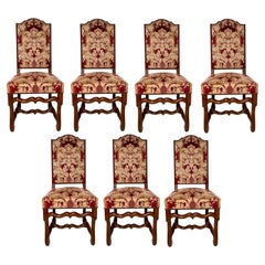 Set of 8 Antique French Carved Walnut Red Upholstered Dining Chairs, circa 1900