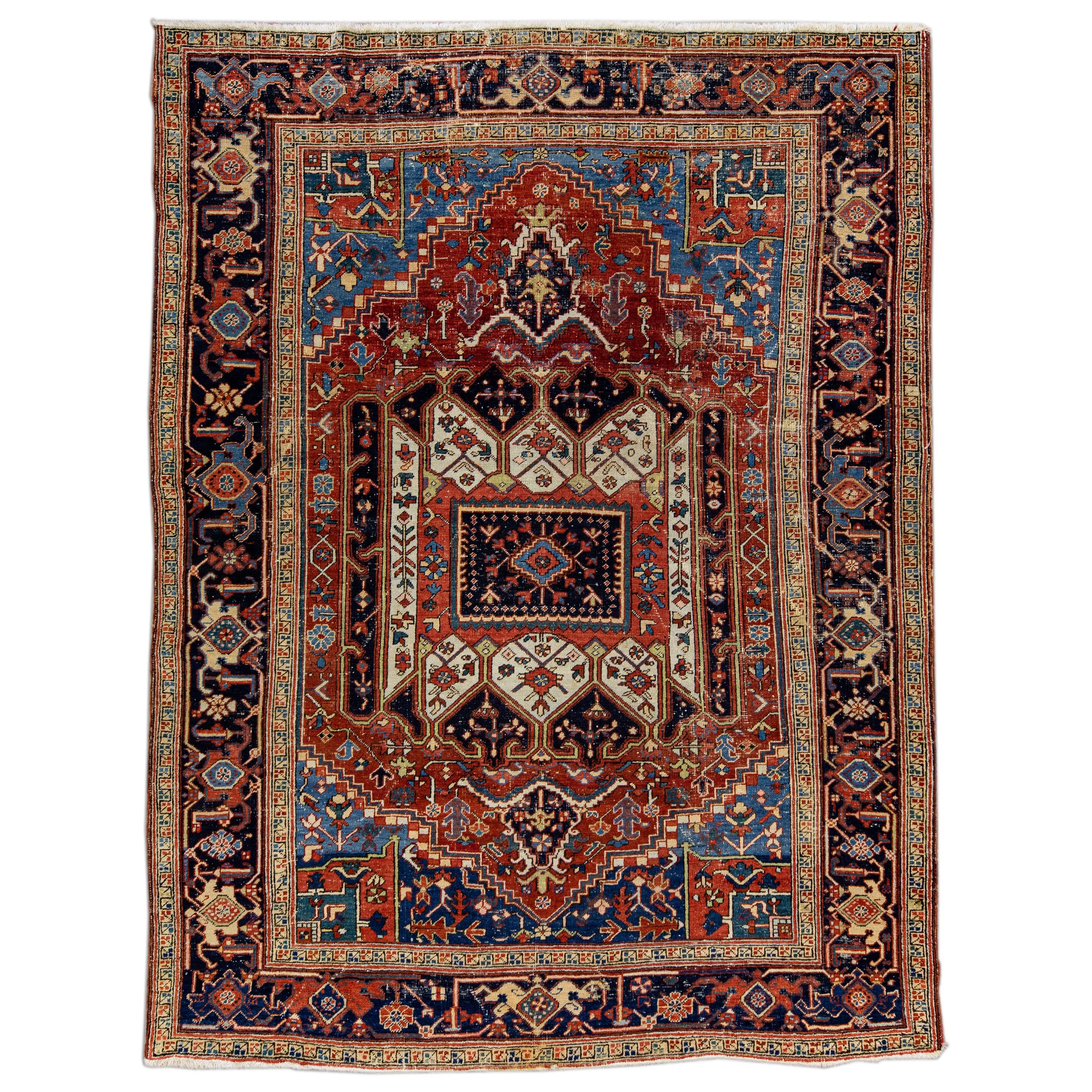Rust Antiker persischer Heriz handgefertigter Allover-Teppich aus Wolle