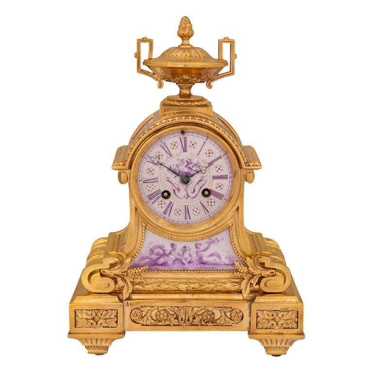 French 19th Century Louis XVI Style Ormolu and Porcelain Clock For Sale