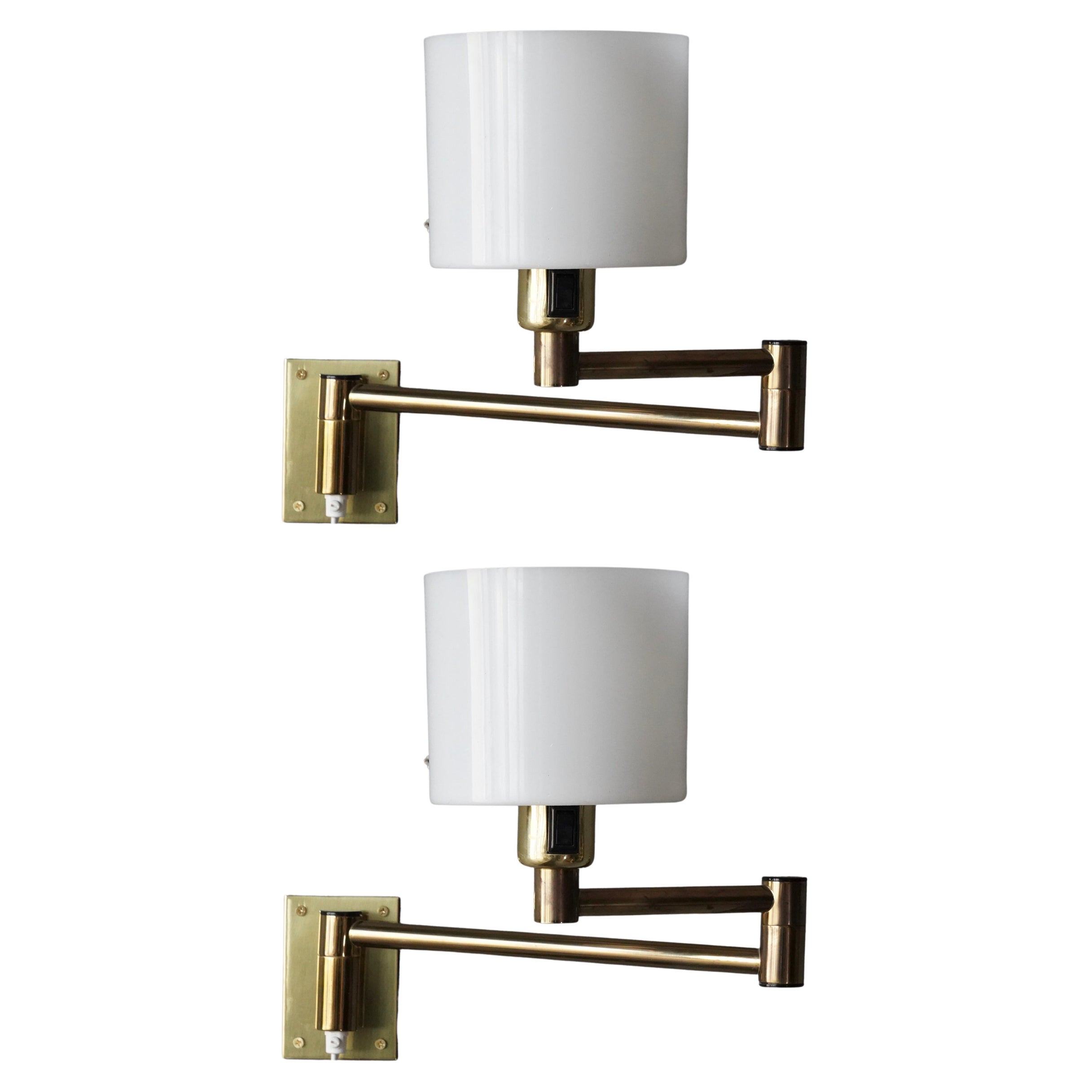 Fagerhults, Adjustable Wall Lights, Brass, Acrylic, Sweden, 1970s For Sale