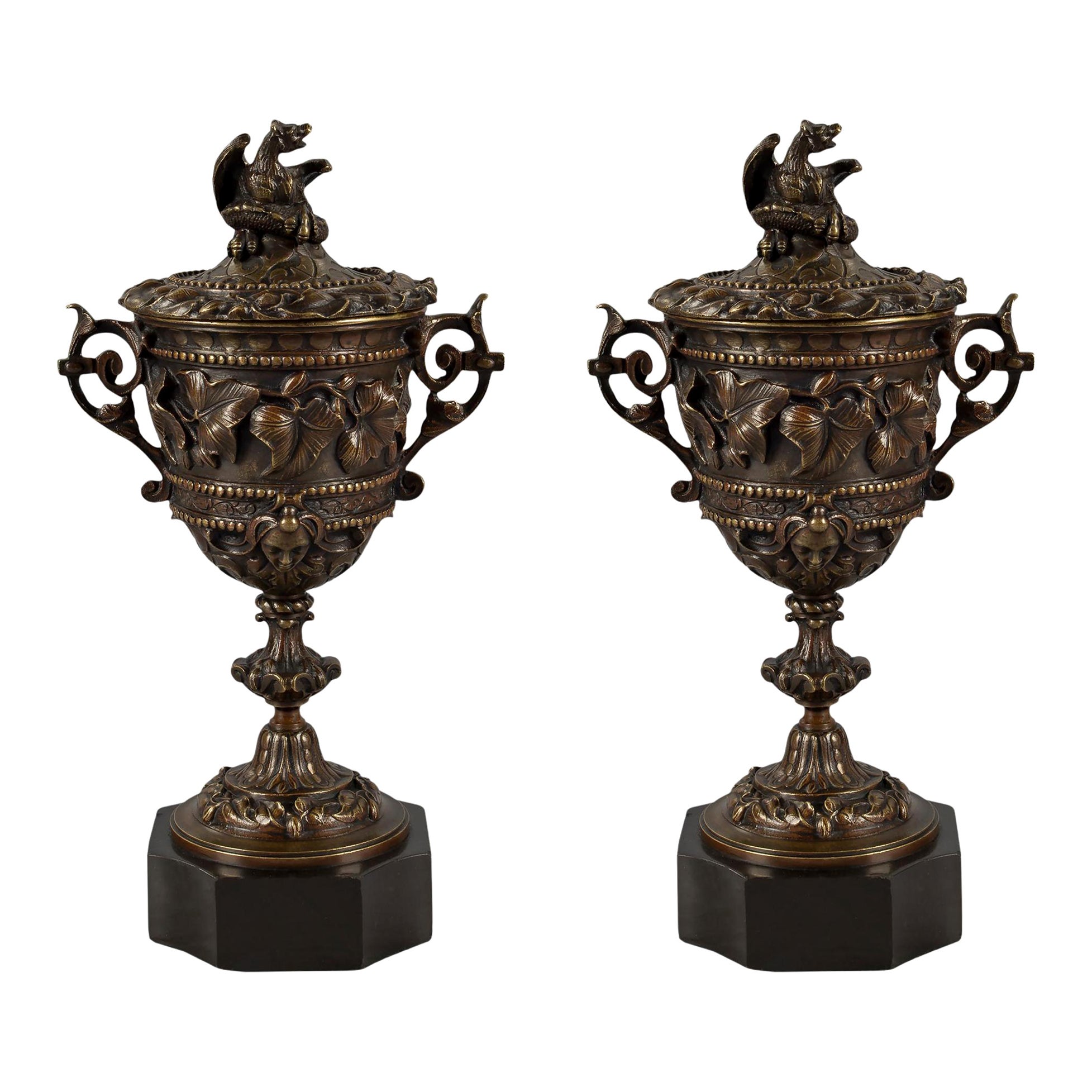 Pair of French Mid-19th Century Renaissance Style Patinated Bronze Lidded Urns For Sale