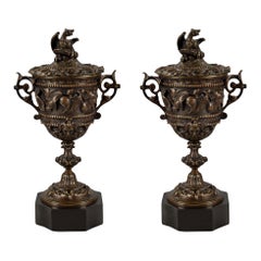 Pair of French Mid-19th Century Renaissance Style Patinated Bronze Lidded Urns