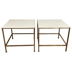 Pair of Paul McCobb White Glass Top Brass Tables