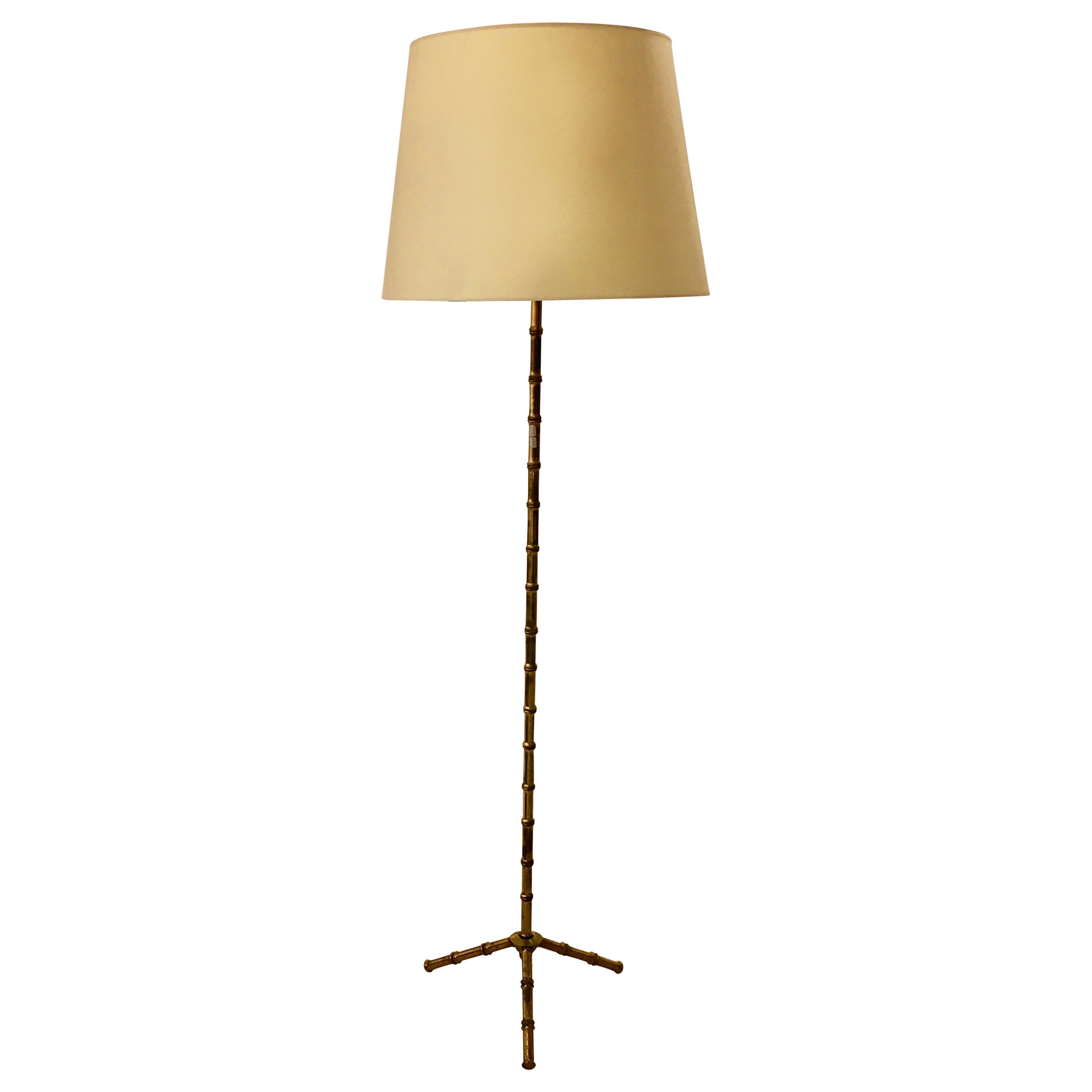 Elegant Tripod Brass Faux Bamboo Floorlamp by Jacques Adnet, France, 1965