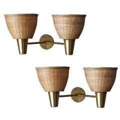 ASEA, Two-Armed Wall Lights / Sconces, Brass, Rattan, Sweden, 1950s