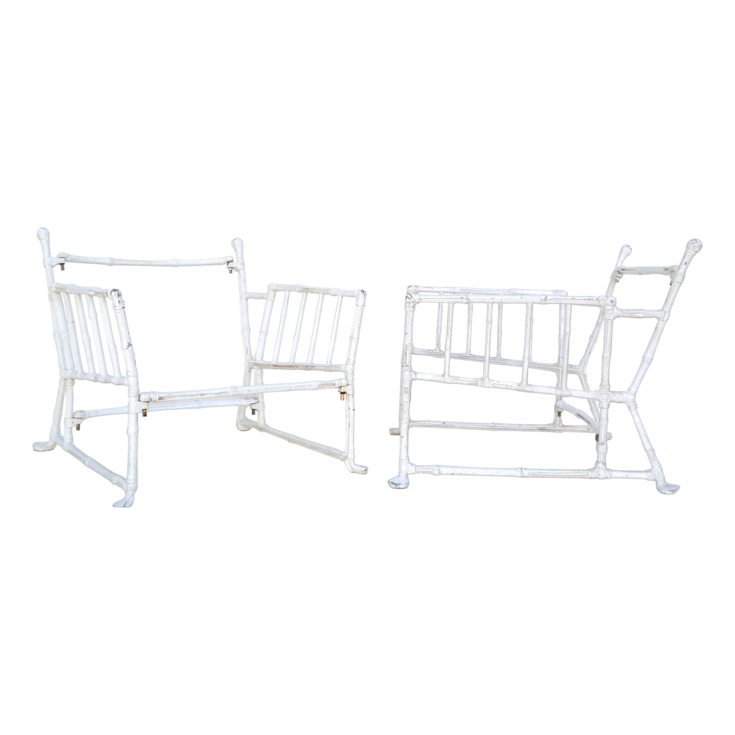 Large French Maison Jansen Steel Faux Bamboo Lounge Chairs Distressed Look Pair 