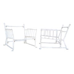 Large French Maison Jansen Steel Faux Bamboo Lounge Chairs Distressed Look Pair 
