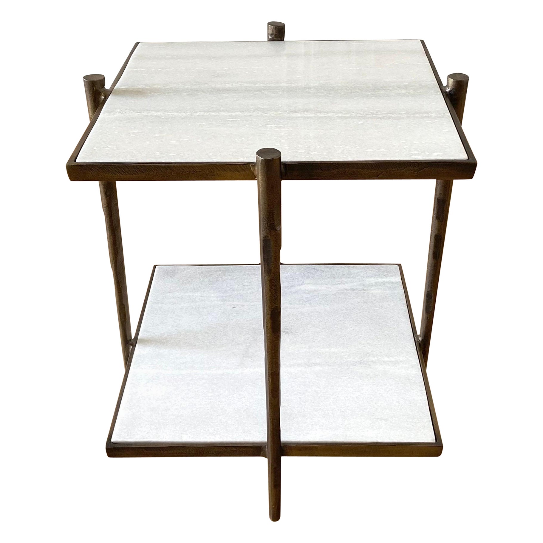 Aged Brass Metal and Marble Square Side Table For Sale