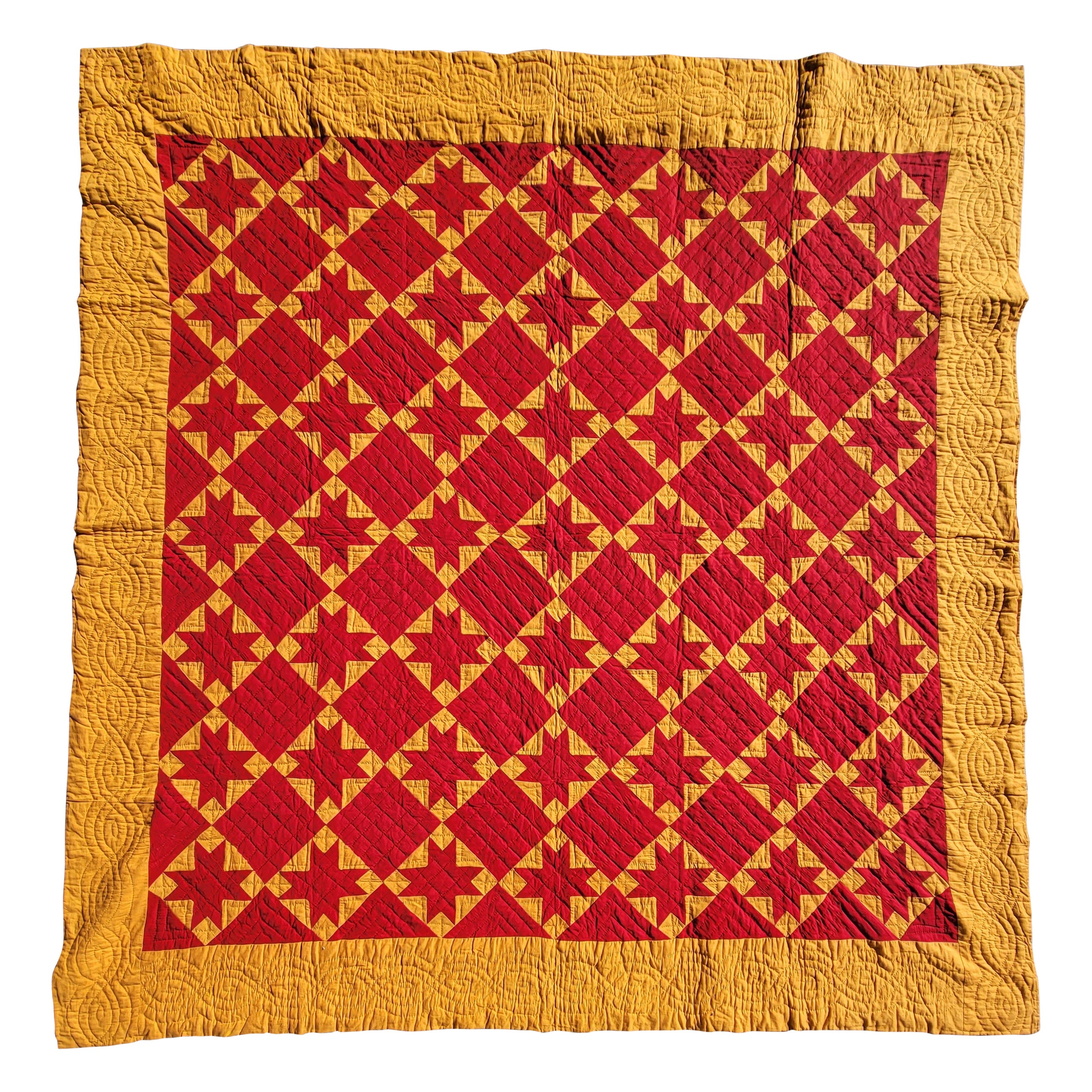 19thc Mennonite Red Stars on a Cheddar Ground Quilt