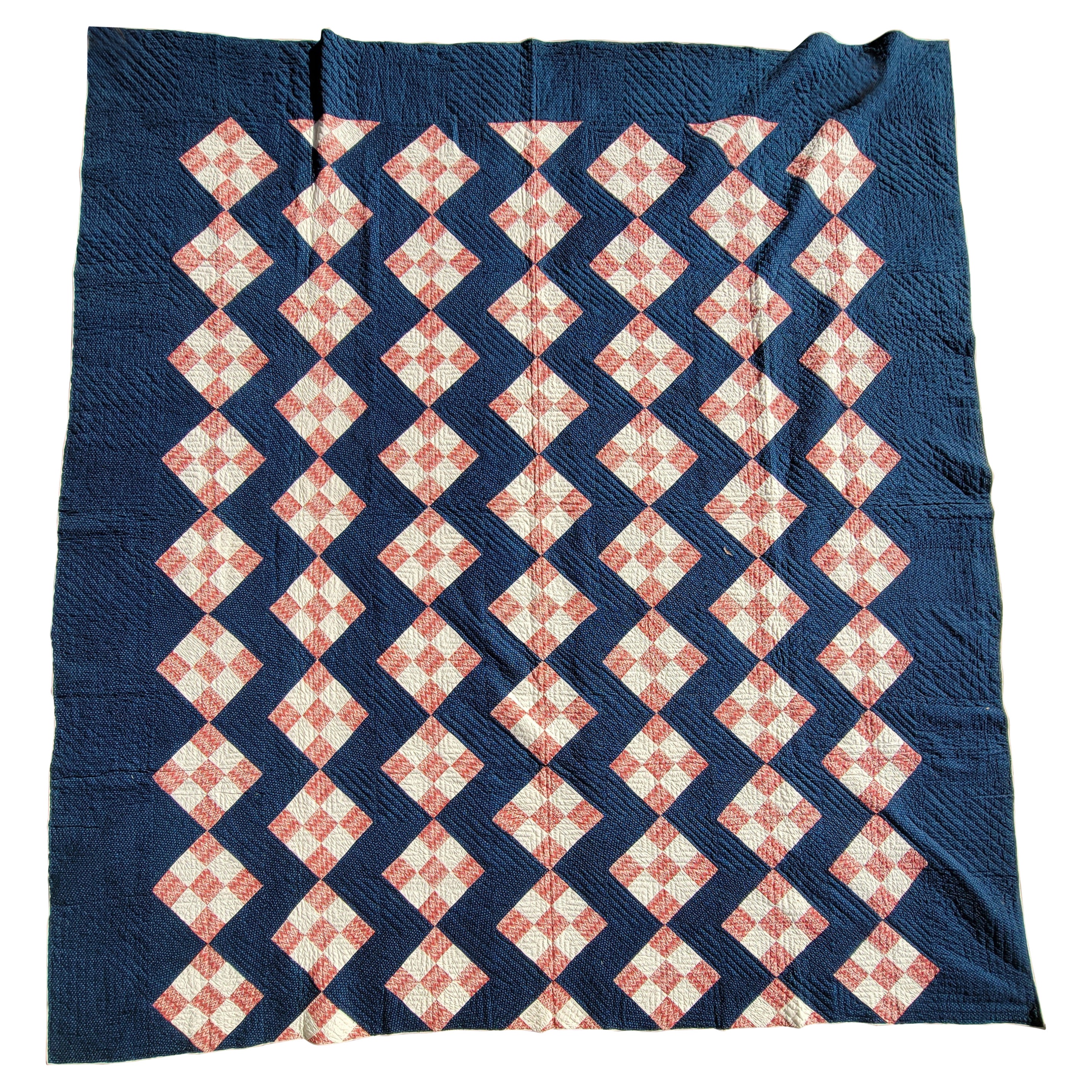 19thc Early Nine Patch with Indigo Blue Ground Quilt For Sale
