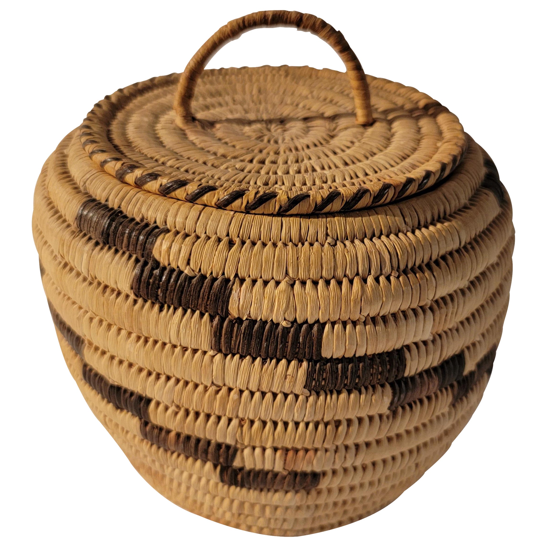 20th C Small Papago Lidded Basket with Handle