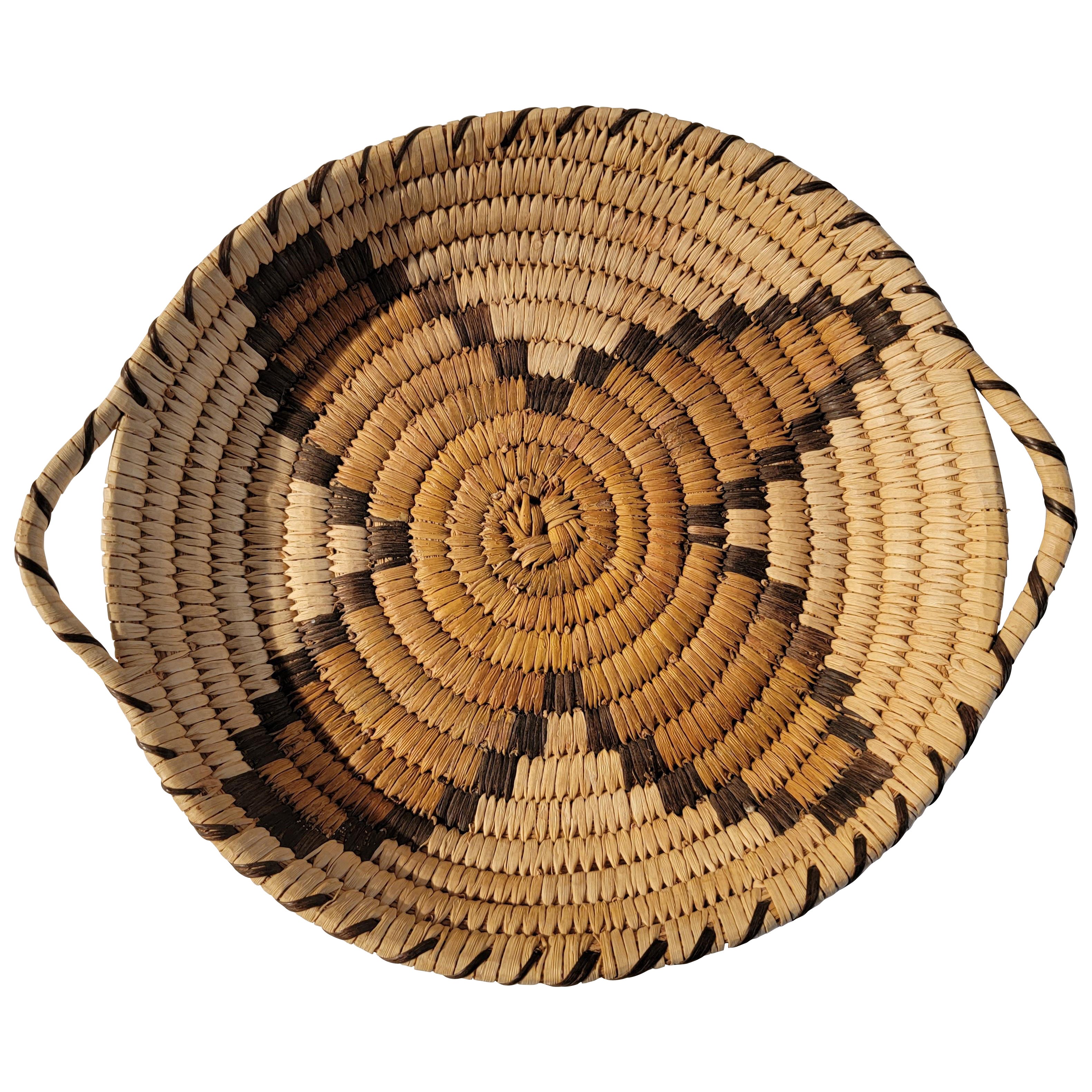 20th C Medium Hand Woven Papago Indian Tray with Handles For Sale