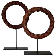 Set of Two Rust Twisted Marble Ring Sculptures, China, Contemporary