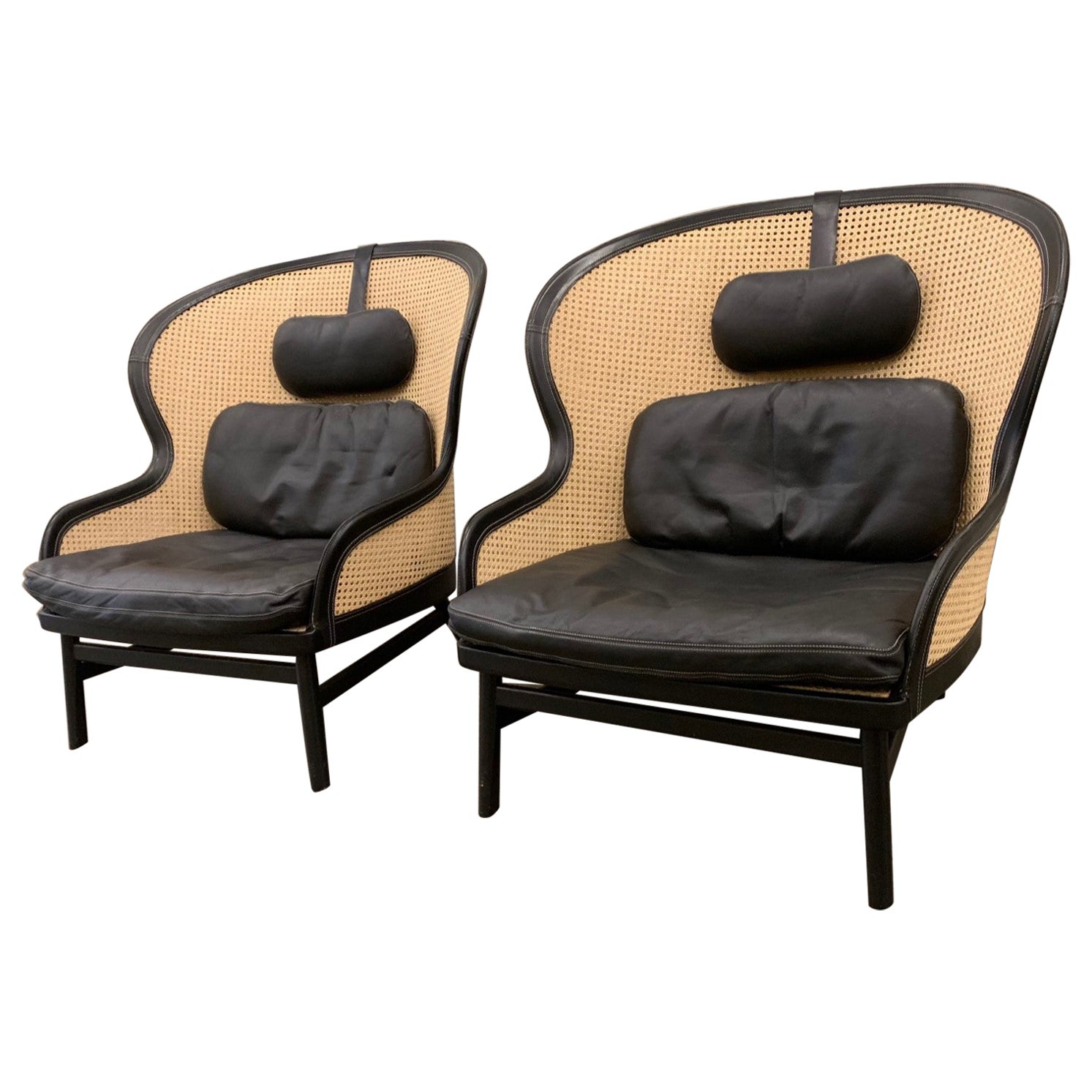 Pair Danish Leather and Cane Lounge Chairs by Pierre Sindre for Garsnas For Sale