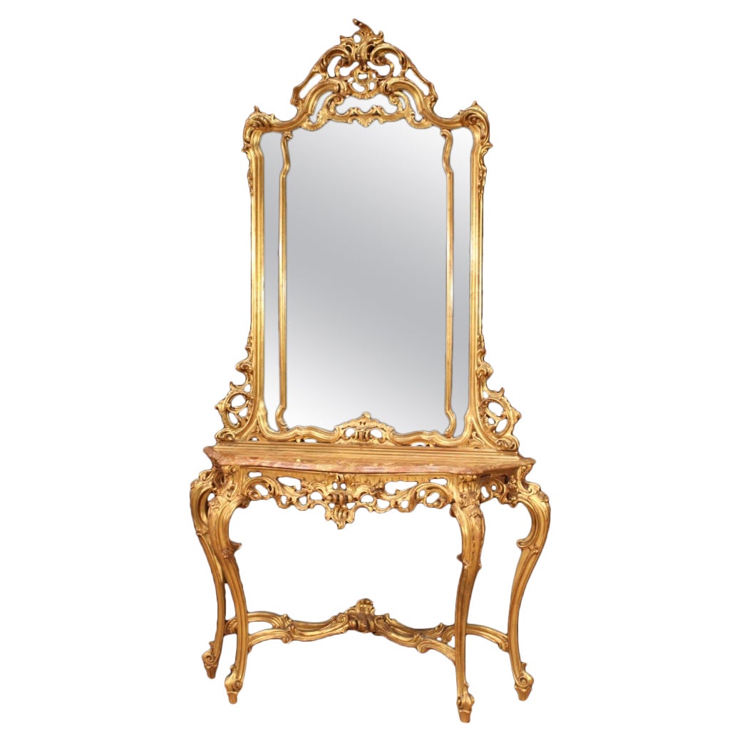 20th Century Gold Wood Marble Top Italian Louis XV Style Console with Mirror