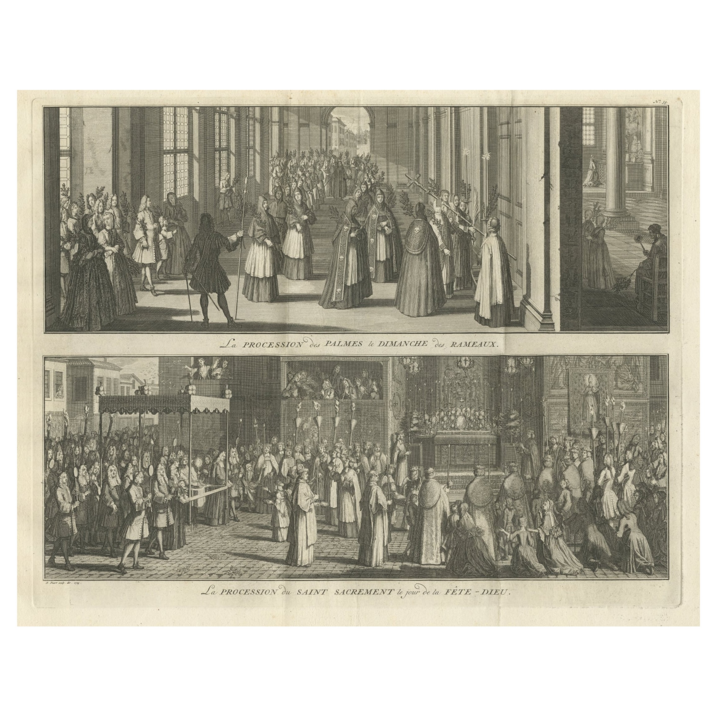 Old Print of a Religious Ceremony for Corpus Christi Day and Palm Sunday, 1725 For Sale