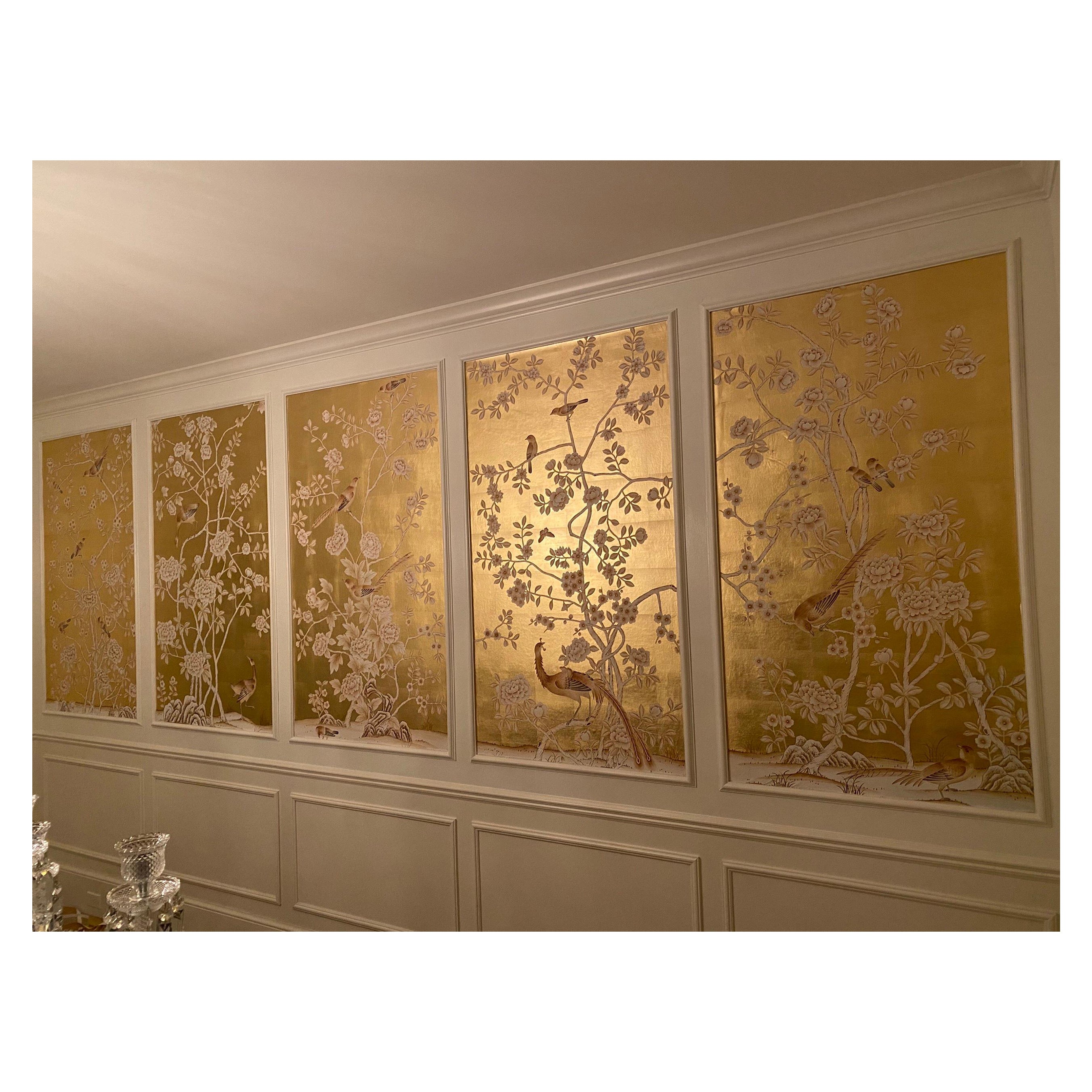 Chinoiser roll Hand Painted Wallpaper on Gold Metallic, Accept Custom Size