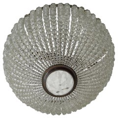 French Crystal Ball Beaded Flush Mount Dome Gold Chandelier, circa 1940