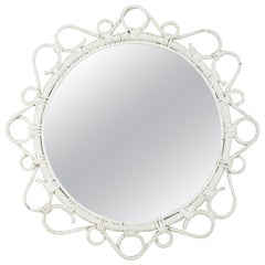 Rattan Round Mirror with Scroll Details and White Patina