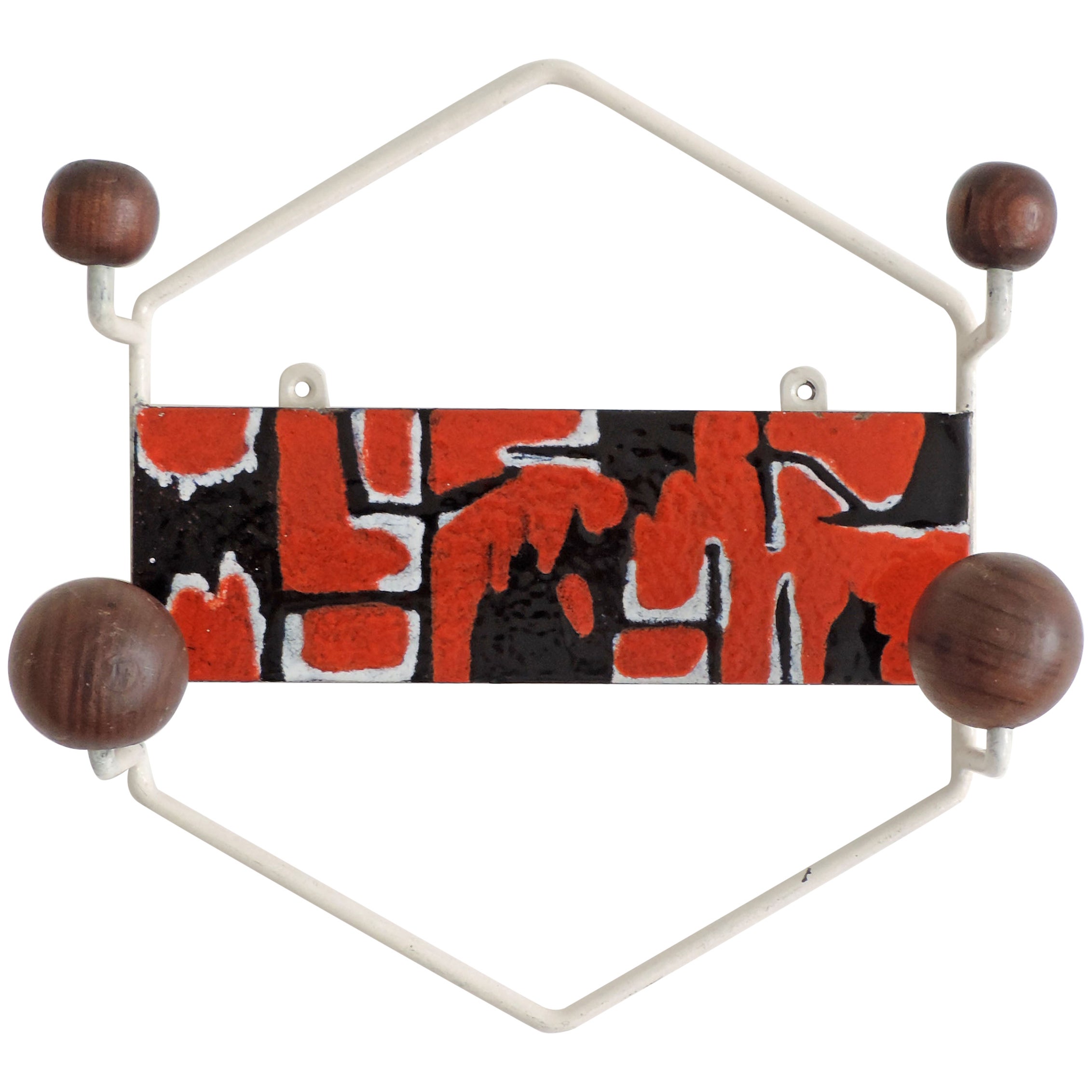 Italian Enamel Decorated Wall Coat Hanger, 1960s For Sale