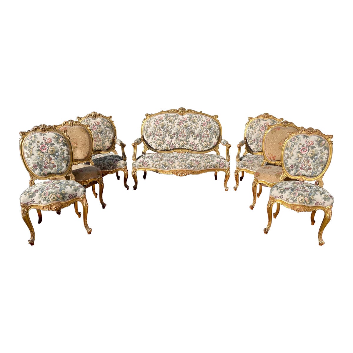 Gilt Wood Louis XV Style Lounge '7 Pieces', 19th Century For Sale