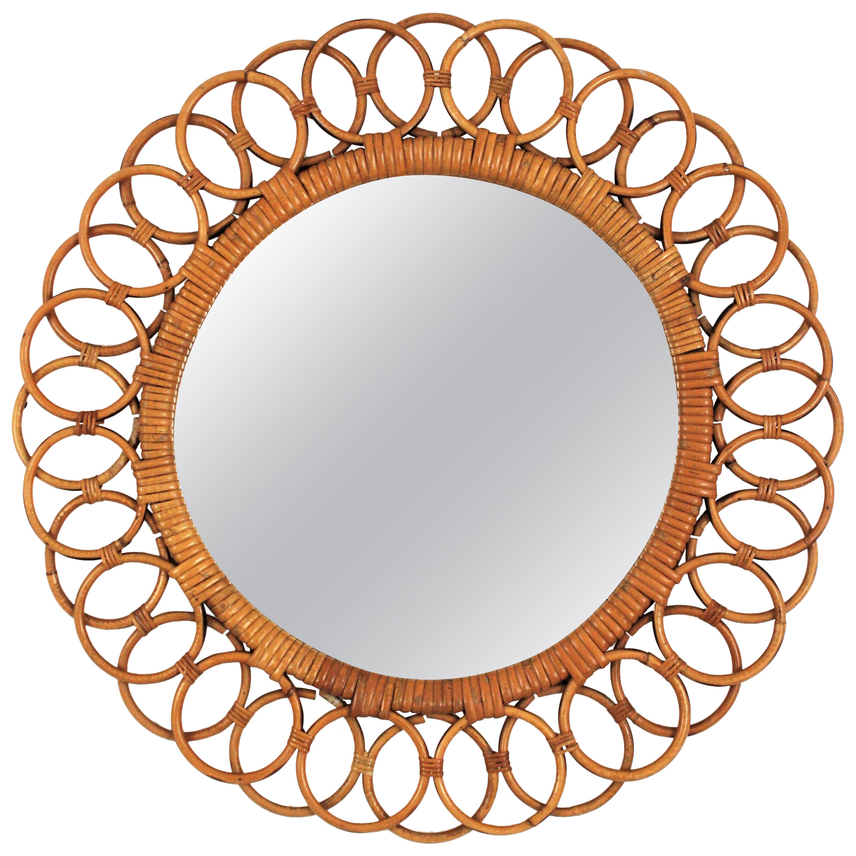 Spanish Rattan Round Mirror with Rings Frame For Sale