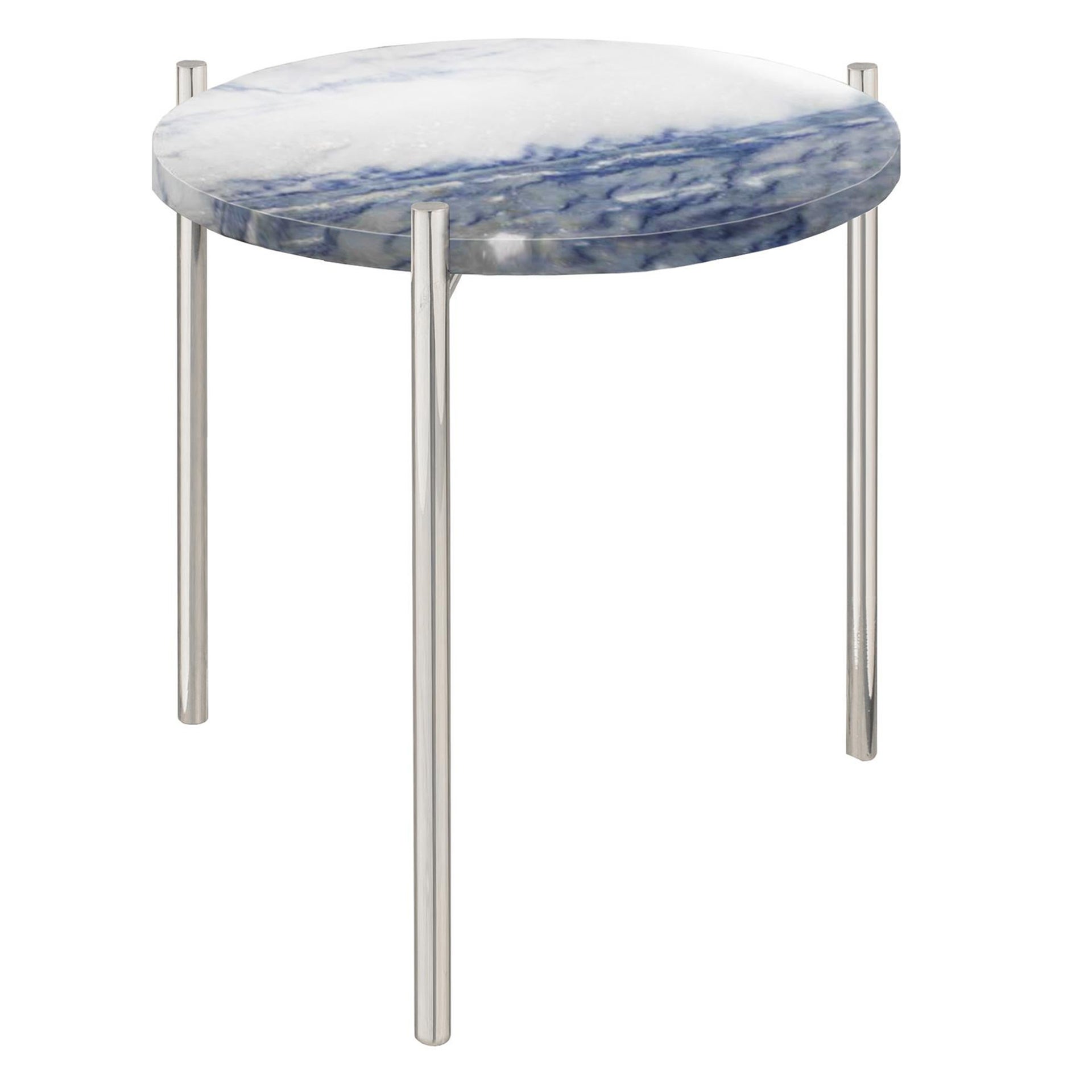 Paire de tables d'appoint en acier inoxydable et marbre bleu et blanc