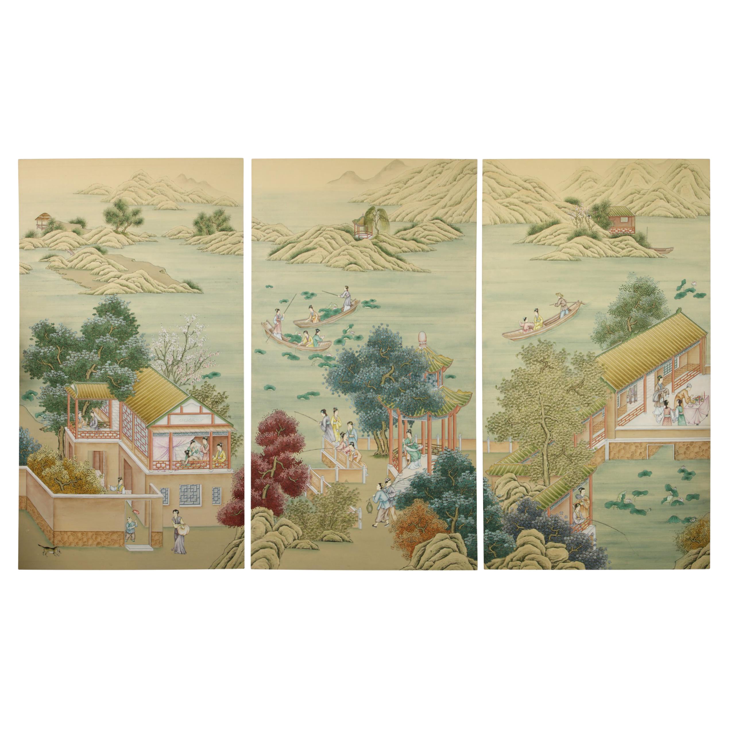 Three Silk Panel Handpainted Asian Figural Landscape