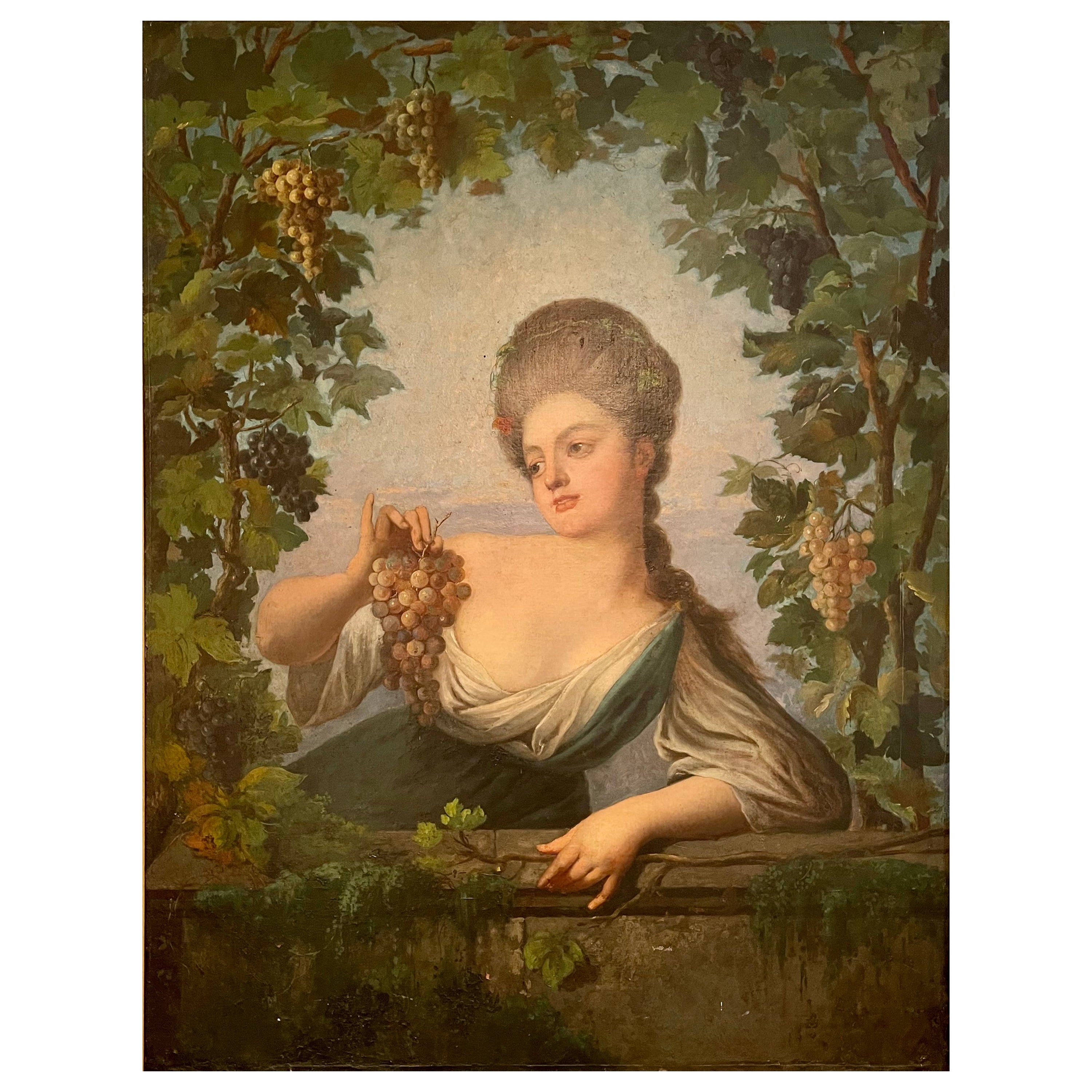 Large Portrait Young Woman with Bunches of Grapes, 19th Century For Sale