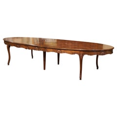 Mid-Century Louis XV Carved Walnut Oval Parquetry Dining Table with Leaves