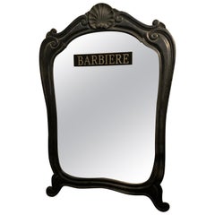 Antique Black Lacquered Mirror, Written "Barber", Late 19th Century, Italy