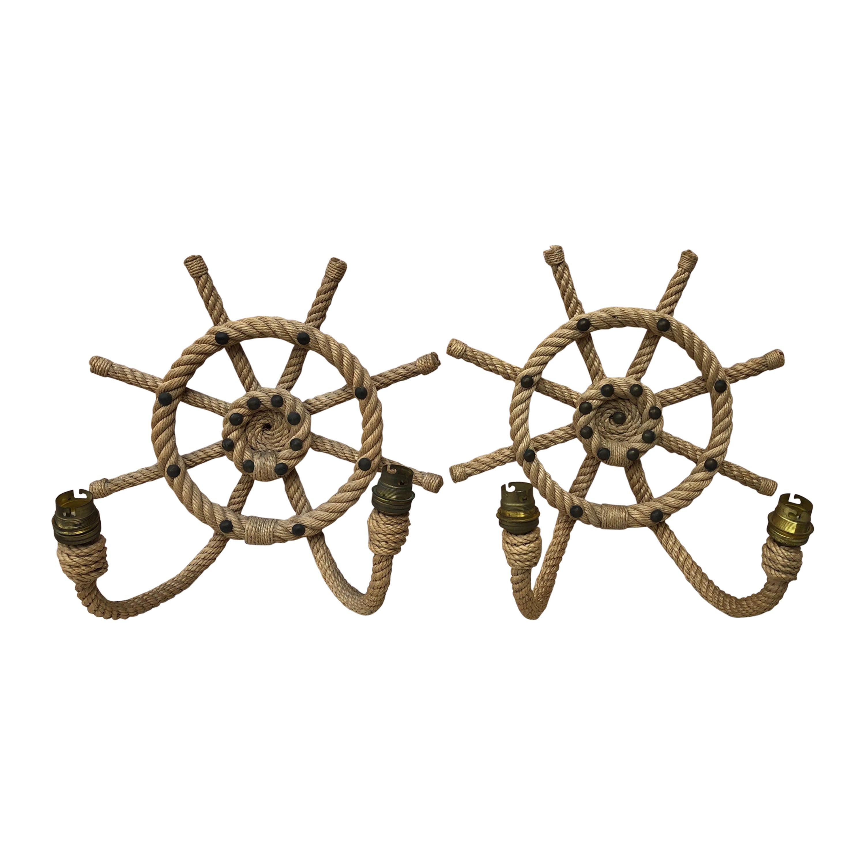 Pair of Rope Ship Wheel Sconce Adrien Audoux and Frida Minet, circa 1960
