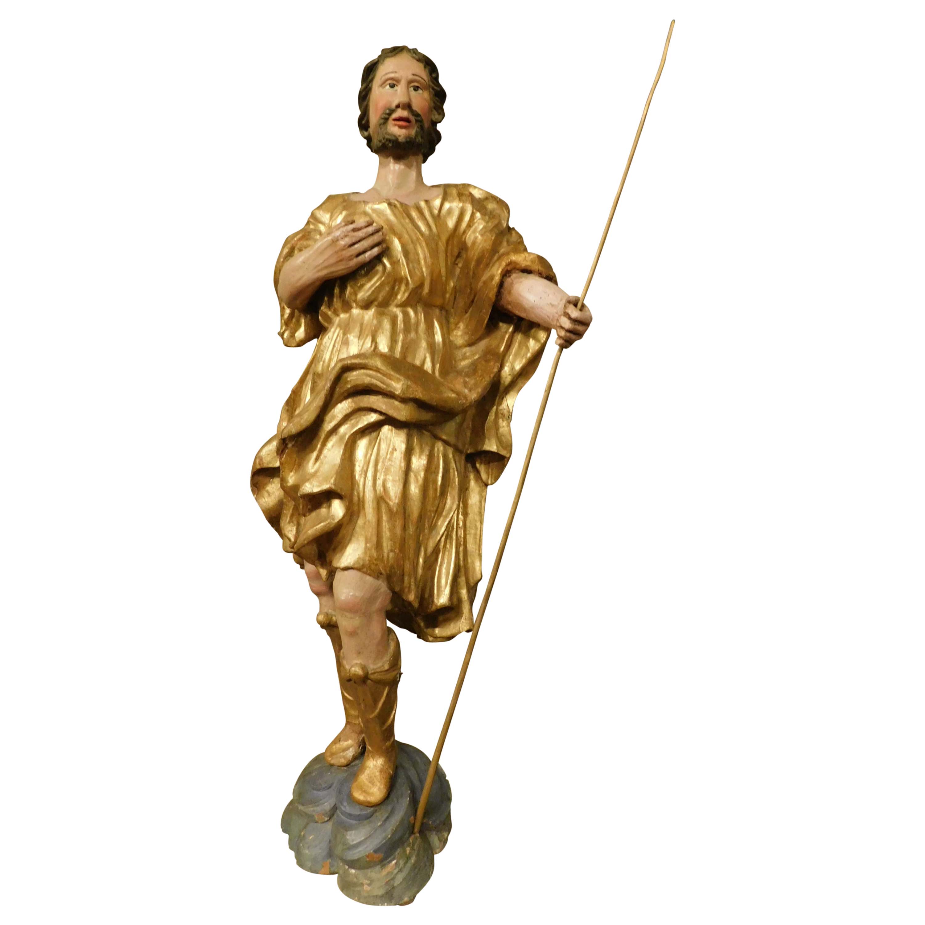 Statue ancienne en bois polychrome et doré, fin du XVIIIe siècle, Italie