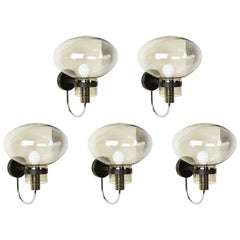 5 Chrome Plated Black Metal, Smoked Glass '70s Sconces Attributed to Arredoluce
