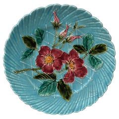 French Aqua Majolica Wild Rose Plate Sarreguemines circa 1890