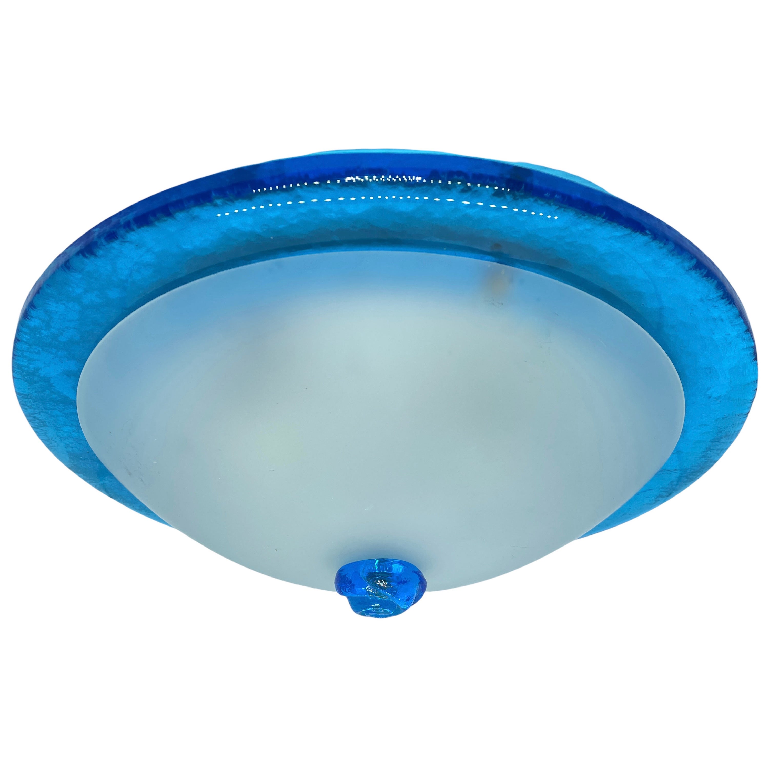 Blue and Satin Murano Glass Flush Mount Ceiling Light, by Massive Lights 1980s