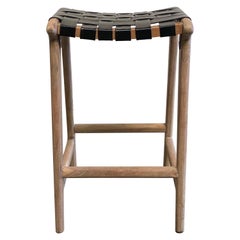 Teak Wood and Woven Counter Stools in Black Leather