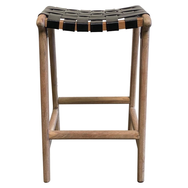 Teak Wood and Woven Counter Stools in Black Leather at 1stDibs